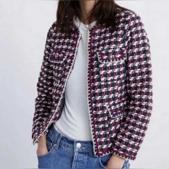 ZARA Red Blue Tweed Textured Weave Blazer1